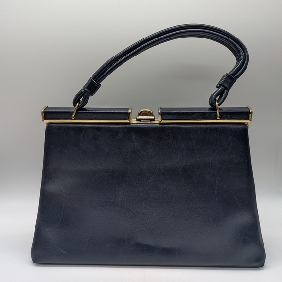 Vintage Blue Gold Structured Handbag - Picture 2 of 11